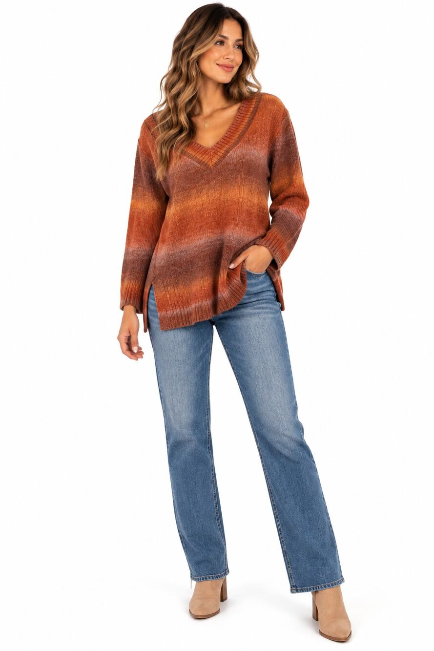 A.N.A Women’s M Red Brown Orange Ombre V-Neck Knit Pullover Sweater
